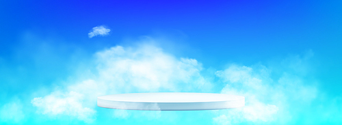 White cylinder product podium surrounded by fluffy clouds on blue gradient background. Realistic vector illustration of round platform for goods display in sky. Showcase pedestal for presentation.