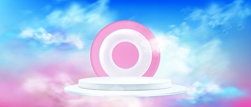 White two steps cylinder product podium with decorative circle in fluffy clouds on blue and pink gradient background. Realistic vector pastel scene with round platform for goods display in sky.