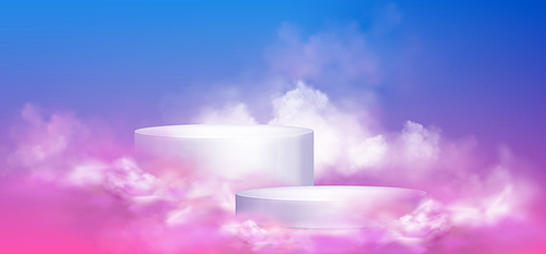 Two cylinder product podiums in fluffy clouds on blue and pink gradient background. Realistic vector illustration of sky scene with round platform template for goods display and presentation.