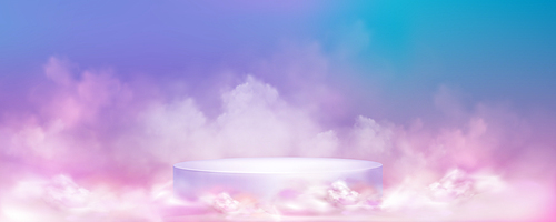 Round podium in color mist clouds. Vector realistic illustration of cylinder shape platform against heavenly sky background, beauty product presentation studio design, dreamy pastel cosmetic banner