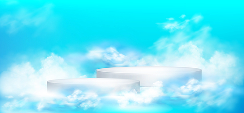 3d blue sky podium with white cloud minimal scene background. Empty cosmetic product display platform render bg. Abstract clean and dreamy presentation mockup. Realistic modern creative showcase