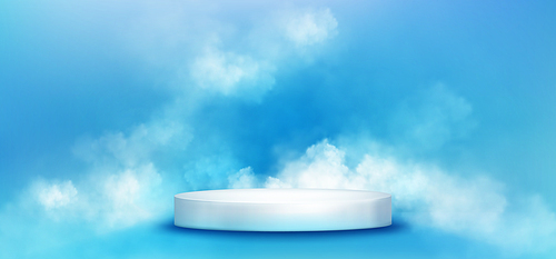 3d blue sky with cloud podium for product display background. White smoke scene with pedestal in dreamy studio. Abstract fog and steam with circle stage for cosmetic presentation. Creative backdrop