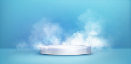 White cylinder product podium with smoke clouds in blue pastel studio room interior. Realistic 3d vector sky style goods display platform with steam. dreamy round stage for goods presentation with fog