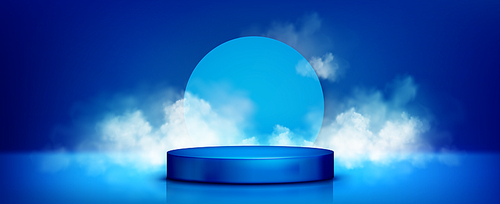 Round podium on sky blue background with clouds of smoke. Vector realistic illustration of product presentation platform, modern advertising showroom with heavenly design, neon illumination in mist