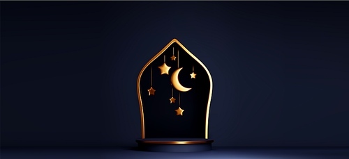 Luxury dark blue Ramadan banner with cylinder product podium, arch window, golden moon crescent and stars decoration. Realistic 3d vector illustration of traditional Islamic Eid Mubarak template.