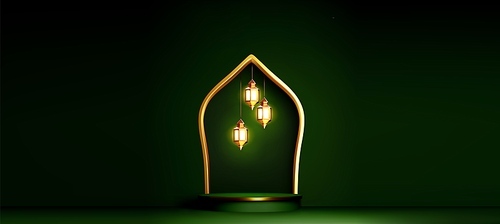 Dark green Ramadan banner template with cylinder product podium, arch window or door, golden glowing hanging lantern decoration. Realistic 3d vector elegant platform with traditional Islamic elements.