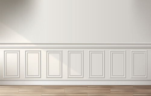 Room interior with white classic wall panel and wooden floor. Light background with luxury elegant molding frames. Realistic 3d vector illustration of home or office design with moulding and parquet