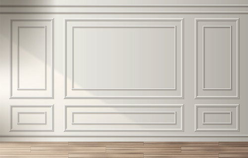 Room interior with white classic wall panel and wooden floor. Light background with luxury elegant molding frames. Realistic 3d vector illustration of home or office design with moulding and parquet