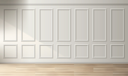 Classic white wall with wooden frames. Vector realistic illustration elegant room design with natural oak wood floor, vintage interior panels with molding decoration and baseboard, seamless background