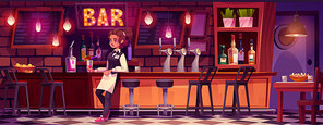 Pub interior with woman waiter standing near bar counter. Cartoon vector cafe or night club inside with wooden stand with beer dispenser, stools, bottles with alcohol drinks on wall shelves.