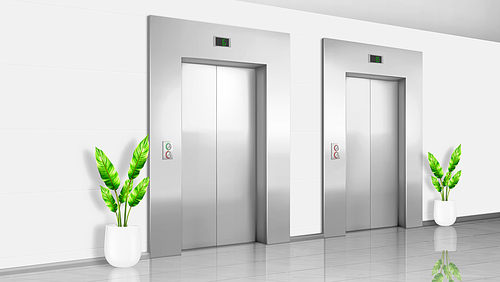 Hotel, hospital or office building hall interior with white walls, closed metal elevator door with lcd screen and green plants in pots. Realistic 3d vector hallway with stainless lift mockup.