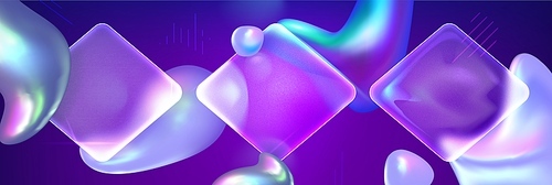 Purple background with glass morphism rhombus and abstract shape elements. Vector realistic illustration of presentation banner or poster backdrop with color lines, iridescent blobs, geometric figures