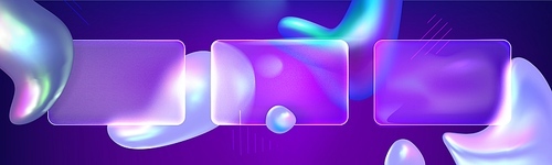 Glass morphism background with abstract fluid holographic shapes and transparent blur rectangular banners on purple bg. Realistic 3d vector illustration of frosted geometric frames template.