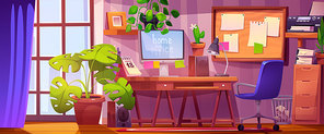 Home office interior with furniture and equipment. Vector cartoon illustration of room with large window, desktop computer, drawer with documents, printer on shelf, loudspeakers on floor, flower pots