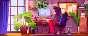 Remote work at home office - young woman sitting in chair at wooden desk in house room interior. Female employee character at cozy workspace with computer screen on table, flowers in pot and cat.