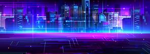 Cyberpunk skyline glows with electric blue and purple colors. Digital grid patterns overlay metropolitan landscape. Tech metaverse world with luminous buildings and neon lines on dark background.