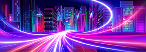 Futuristic night metaverse tech city with neon glowing skyscrapers tower, curve vibrant light trails of high speed car movement. Cyberpunk urban landscape with illuminated buildings in surreal colors.