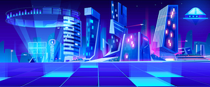 Futuristic metropolis with blue and violet neon lights. Glass skyscrapers in night downtown. Cartoon vector metaverse tech urban landscape with glowing holographic displays and digital grid floor.