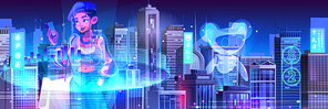 Holographic character of woman with phone and cute robot float above neon glowing metaverse city. Tech urban landscape with illuminated sign on futuristic buildings. Virtual reality gaming interfaces.