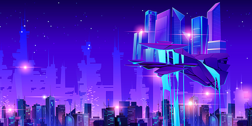 Metaverse tech city glows with purple and blue streams beneath floating digital platform. Futuristic skyscrapers merge real and virtual architecture. Neon glowing night cityscape with gaming arena.