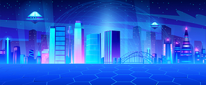 Futuristic city background with wireframe dome. Vector cartoon illustration of metaverse cityscape with neon blue and pink skyscrapers, ufo in starry sky, hexagon landscape, virtual reality background