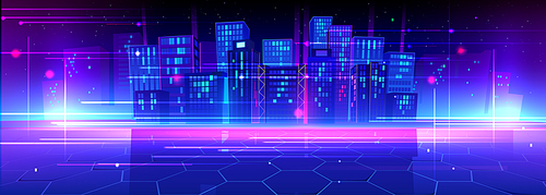 Neon metaverse city. Tech building background. Futuristic cyber virtual reality technology for world cityscape hologram. Ai night skyline bg. Modern street architecture with data network concept