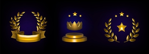 Golden awards set isolated on black background. Vector realistic illustration of laurel wreath and gold ribbon, royal crown on podium, star in frame, game winner, sports champion, best movie prize