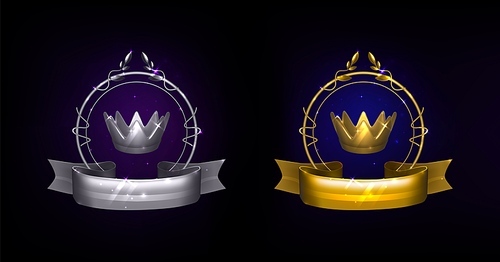 Silver and golden royal awards set isolated on black background. Vector realistic illustration of sparkling laurel wreath and ribbon, luxury crown and sparkles in air, game champion, elite club sign