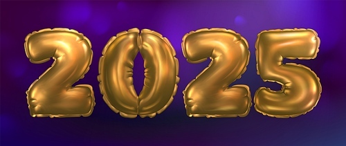 Golden inflatable helium balloon number 2025 on purple background for New Year and Christmas congratulation banner. Realistic 3d vector gold colored digits for. Metal foil bubble typography for event.