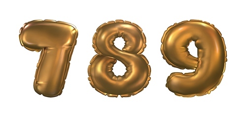 3d gold balloon number for birthday party vector. Anniversary ballon font with 7, 8 and 9 sign isolated. Wedding holiday realistic inflatable helium typography icon design. Golden numeral object