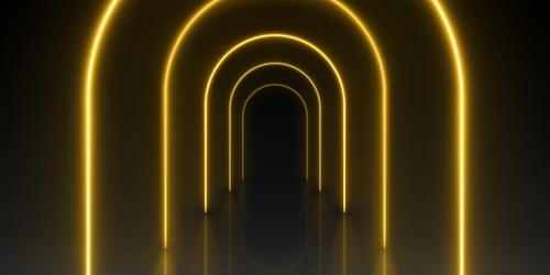 Black runway stage or corridor with neon yellow arch. Realistic 3d vector illustration of perspective hall or catwalk podium with golden light led arc. Abstract futuristic portal or night club walkway