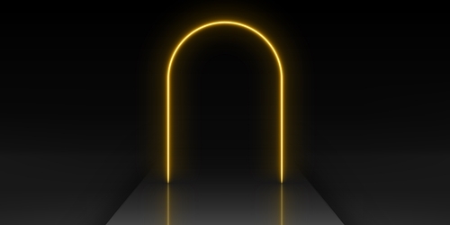 Cylinder product podium with neon yellow arch in black studio room interior. Realistic 3d vector illustration of podium for goods show and presentation. Dark stage with light golden arc decoration.