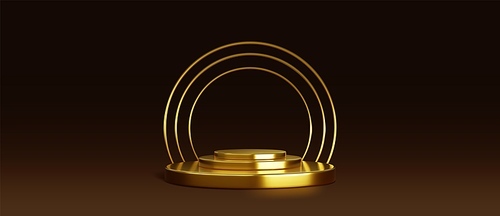 Round platform with golden rings on black background. Vector realistic illustration of yellow shiny pedestal with stairs for prize, trophy, champion award, luxury product presentation, winner podium