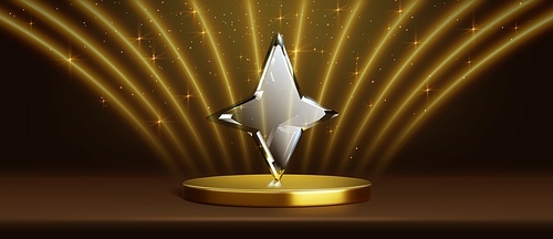 Gold stage with glass star award, glowing beams and sparkles. Realistic 3d vector illustration of dark scene with golden cylinder podium and plexiglass champion reward for winner certificate.