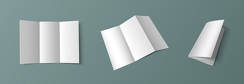 Tri fold white empty leaflet mockup in different angles of view. Open trifold blank paper brochure template. Pamphlet with three parts for menu or business presentation. Realistic 3d vector set.