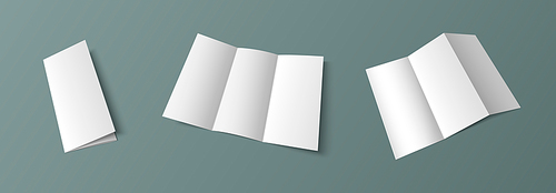 Fold leaflet mockup. Blank trifold paper template. White a4 booklet page design mock up. Triple zigzag pamphlet isolated for realistic business presentation. Empty letterhead cover layout vector