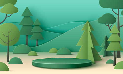 Minimalist papercut forest landscape with round emerald podium. Summer woodland scenery with green paper pine, bushes and trees, rolling hills and platform for eco friendly product presentation.