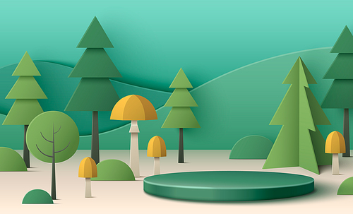 Green podium on papercut forest background. Vector realistic illustration of geometric fir trees, mushrooms and bushes, round platform for eco friendly, organic product presentational, natural scenery