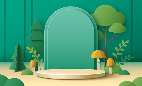 Green paper podium with arch wall eco background. Summer garden banner design with platform, leaves, tree and mushroom. Special cosmetic promotion ecology environmental landscape 3d showcase