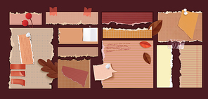 Autumn collage with torn paper in warm beige and terracotta colors, brown oak leaves, red berries and handwritten notes. Textured ripped pages for fall season scrapbooks or nostalgic mood boards.