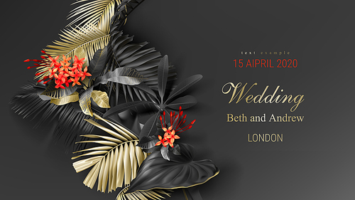 Tropical black and gold leaves on dark background vector poster Beautiful botanical design with golden tropic jungle palm leaves, exotic red flower Wedding ceremony invitation card, christmas greeting