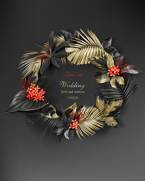 Tropical black and gold leaves wreath on dark background vector poster Beautiful botanical round frame design with golden tropic jungle palm leaves, exotic red flower Wedding invitation card, sale ads