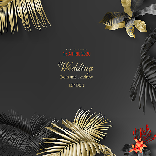 Tropical black and gold leaves on dark background vector poster Beautiful botanical design with golden tropic jungle palm leaves, exotic red flower Wedding ceremony invitation card, christmas greeting