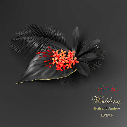 Tropical black leaves and exotic red flower on dark vector background. Beautiful botanical design with tropic jungle leaves, golden inscription. Wedding ceremony invitation card, christmas greeting