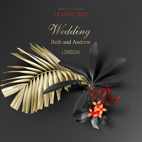 Tropical black and gold leaves on dark background vector poster Beautiful botanical design with golden tropic jungle palm leaves, exotic red flower Wedding ceremony invitation card, christmas greeting