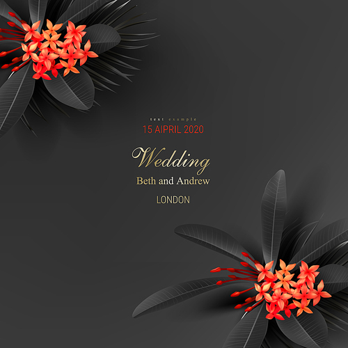 Tropical black leaves and exotic red flower on dark background vector poster Beautiful botanical design with tropic jungle plant golden inscription Wedding ceremony invitation card, christmas greeting