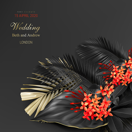 Tropical black and gold leaves on dark background vector poster Beautiful botanical design with golden tropic jungle palm leaves, exotic red flower Wedding ceremony invitation card, christmas greeting