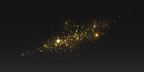 Golden dust shimmering on dark night sky background. Vector realistic illustration of magic power glitter shimmering in darkness, bokeh overlay effect, yellow firework sparkles, stardust particles