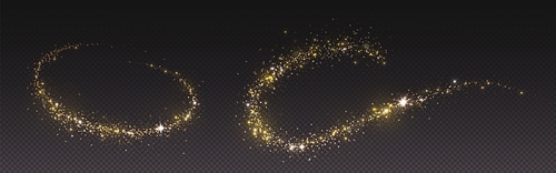 Magic gold dust trail with star shaped sparkles on dark transparent background. Realistic vector illustration of circle and wave path of shine glitter and shimmer particles. Can be used as png.