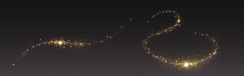 Magic gold dust trail with star shaped sparkles on dark transparent background. Realistic vector illustration of circle and wave path of shine glitter and shimmer particles. Can be used as png.